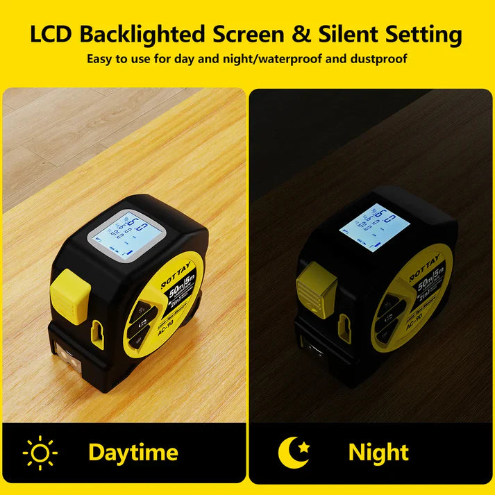 16-foot 2-in-1 laser measuring tape, universal measuring tape, 164-foot infrared laser measuring tape, C-type interface, with white backlit LCD display, can measure meters/inches/feet, distance/area/Pythagorean theorem/volume