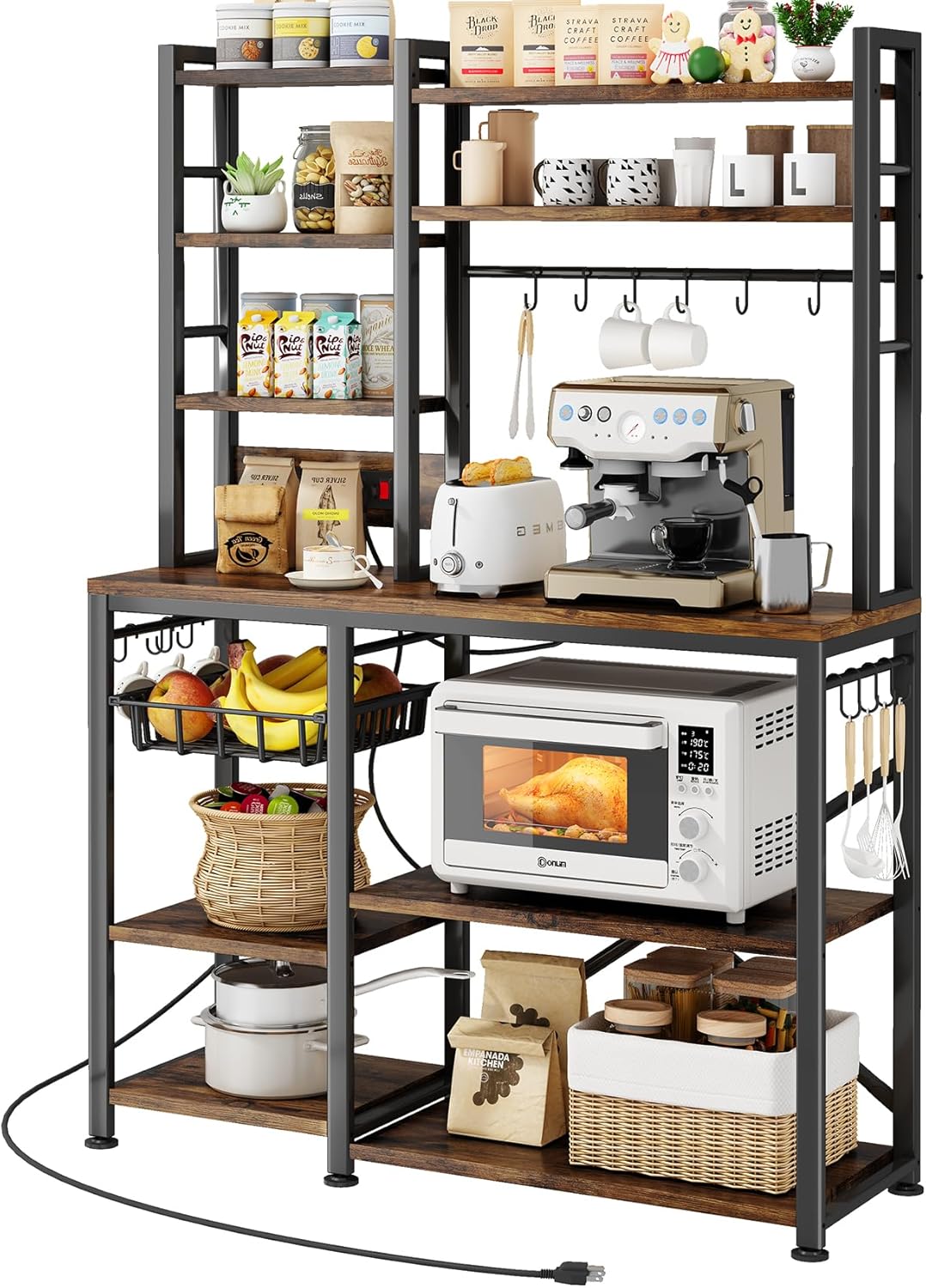 Baker Rack with Power Outlet - Microwave Stand with Storage (Rustic Brown)