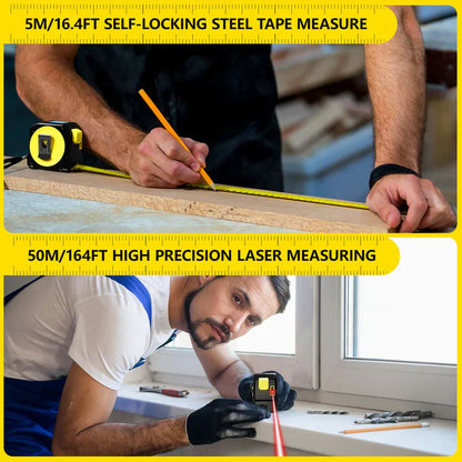 16-foot 2-in-1 laser measuring tape, universal measuring tape, 164-foot infrared laser measuring tape, C-type interface, with white backlit LCD display, can measure meters/inches/feet, distance/area/Pythagorean theorem/volume