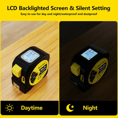 16-foot 2-in-1 laser measuring tape, universal measuring tape, 164-foot infrared laser measuring tape, C-type interface, with white backlit LCD display, can measure meters/inches/feet, distance/area/Pythagorean theorem/volume