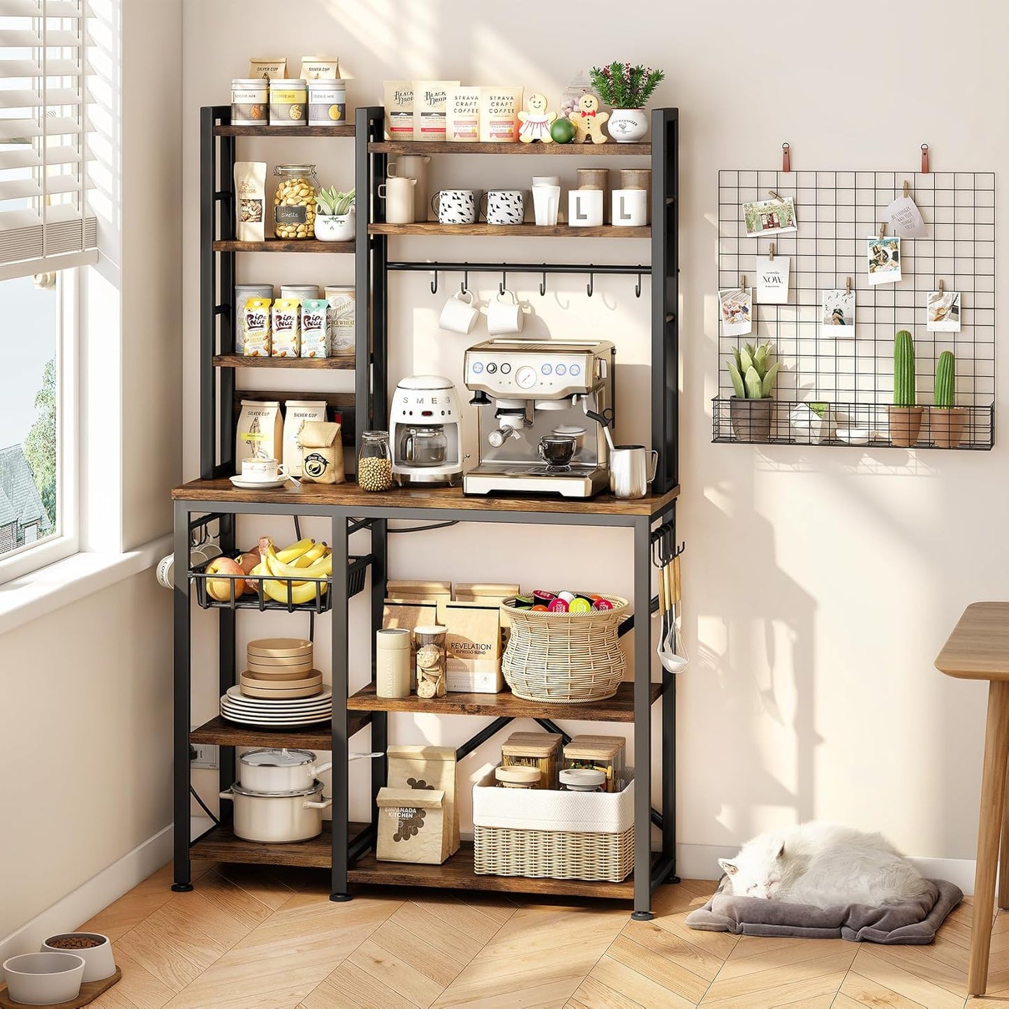 Baker Rack with Power Outlet - Microwave Stand with Storage (Rustic Brown)