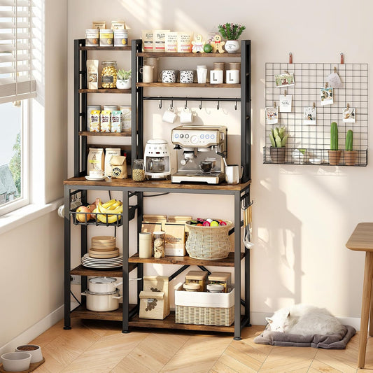 Baker Rack with Power Outlet - Microwave Stand with Storage (Rustic Brown)
