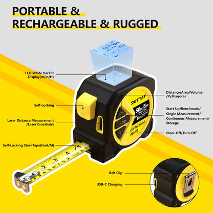 16-foot 2-in-1 laser measuring tape, universal measuring tape, 164-foot infrared laser measuring tape, C-type interface, with white backlit LCD display, can measure meters/inches/feet, distance/area/Pythagorean theorem/volume