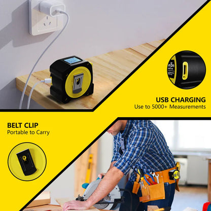 16-foot 2-in-1 laser measuring tape, universal measuring tape, 164-foot infrared laser measuring tape, C-type interface, with white backlit LCD display, can measure meters/inches/feet, distance/area/Pythagorean theorem/volume